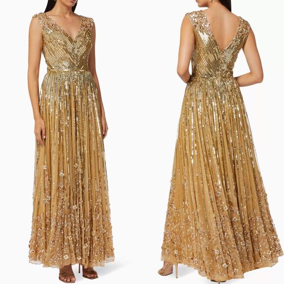 new Mac Duggal Sz 14 Gold Sequin Tulle V-Neck Sleeveless Cocktail Gown maxi long